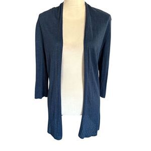 Sigrid Olsen Women's Blue Linen Blend Open Cardigan Sweater Size S 3/4 Sleeve